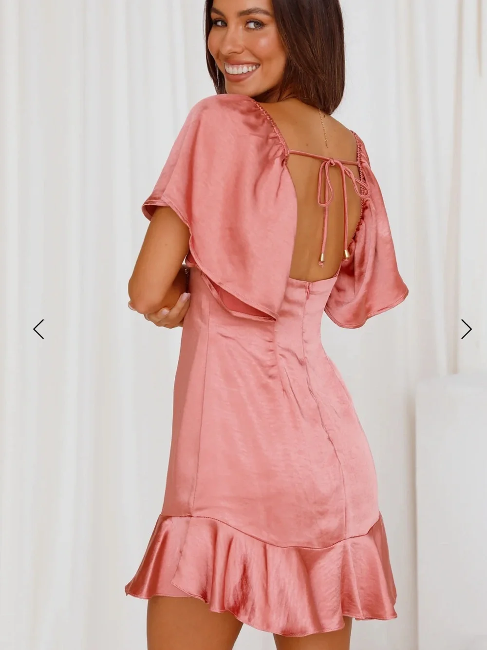 Hello Molly One Way Ticket Coral Slip Mini‎ Dress with Ruffle Detail and Cutouts